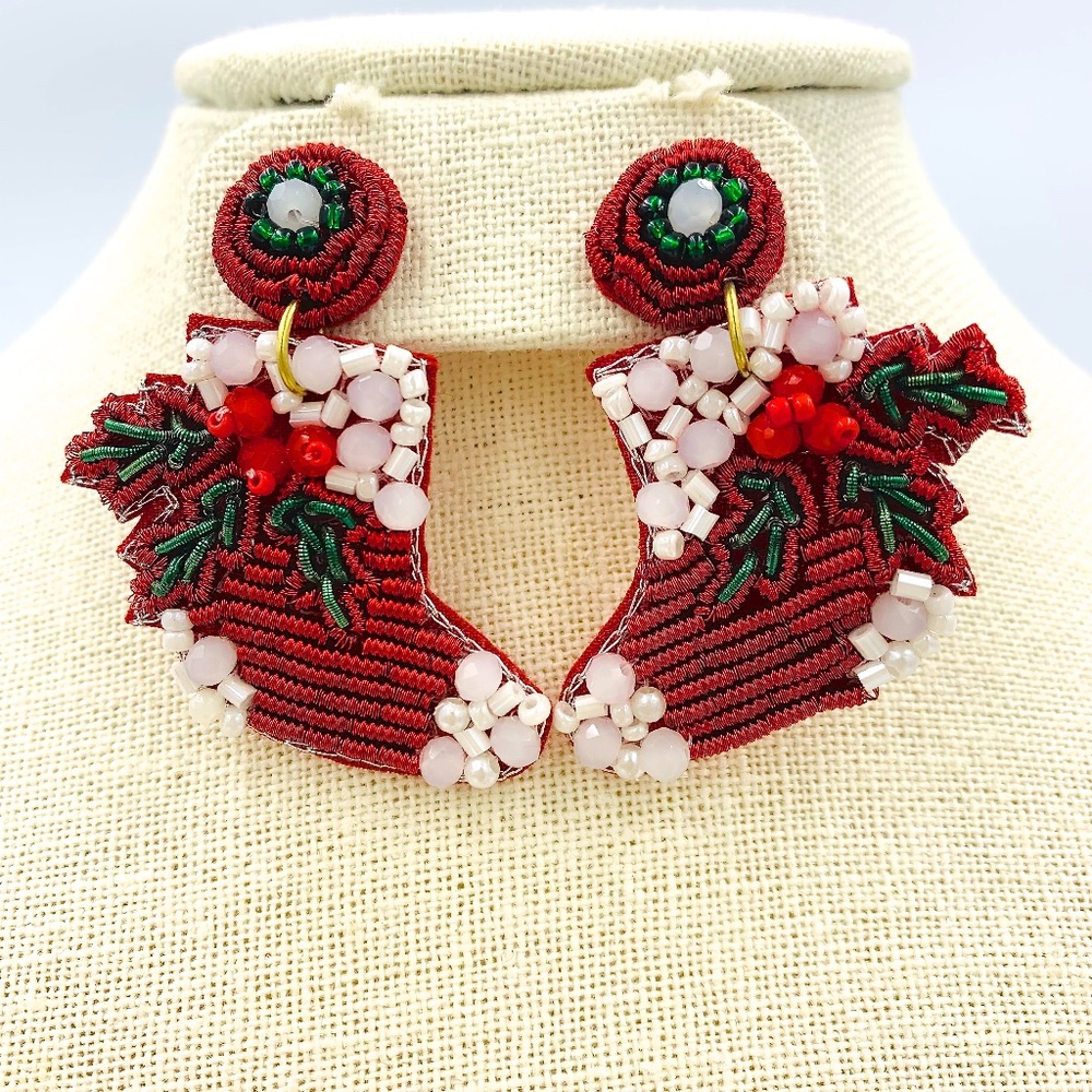 Christmas Stocking Woven Seed Bead Earrings